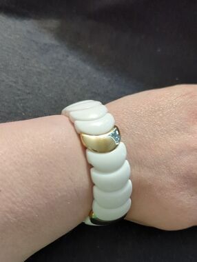 White Genuine Lucite Curved Beaded Stretchy Elastic Statement Bracelet